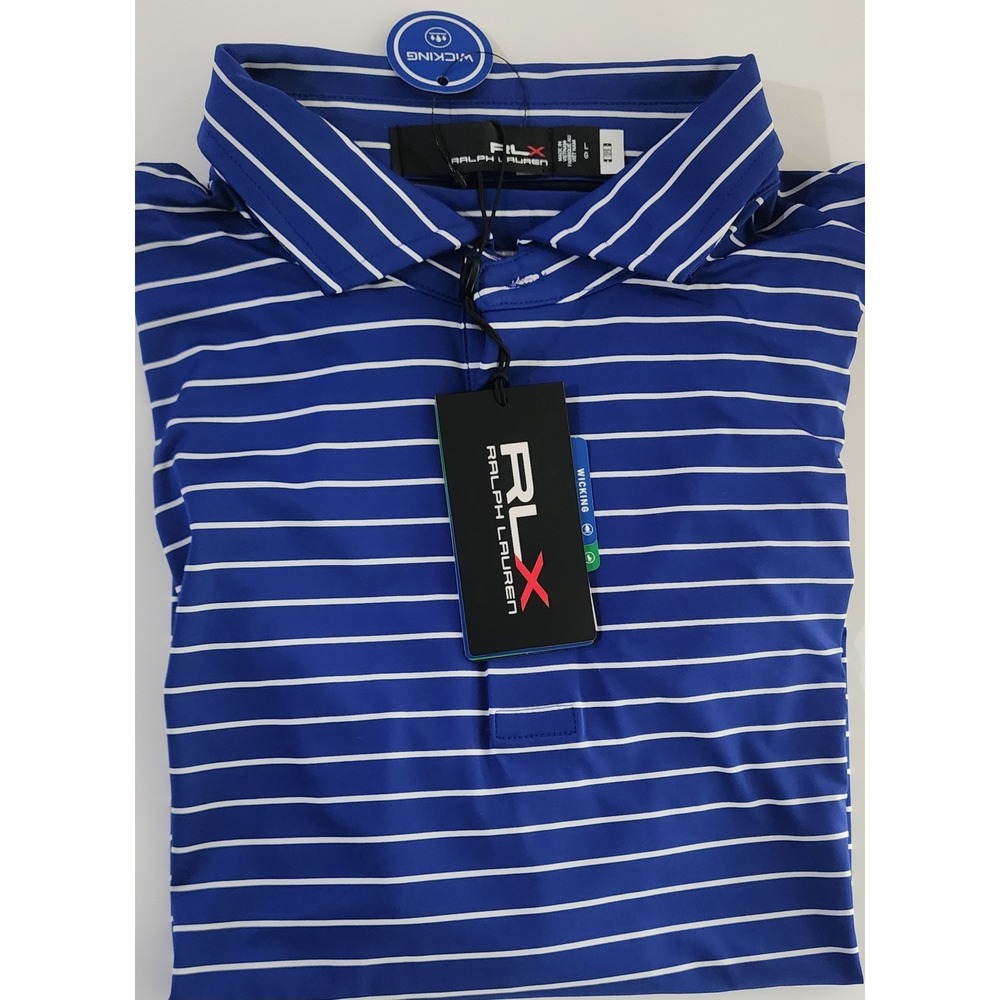 NWT $110 RLX Men's Ralph Lauren Blue Stripe Golf Polo Poly Stretch Size Large